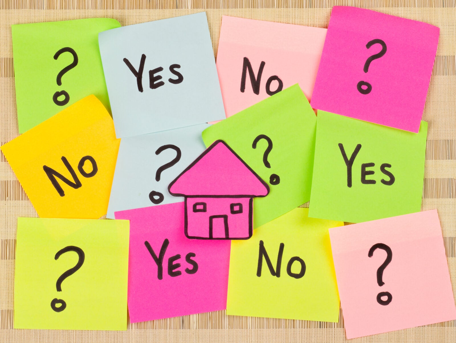 Kleurrijke post-its met Yes, No en vraagtekens rondom een getekend huis – symboliseert de twijfel bij de keuze tussen kopen of huren.