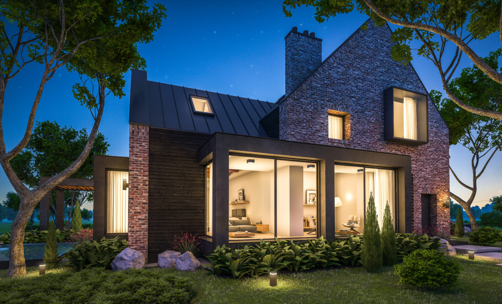 Moderne woning met warme buitenverlichting die automatisch aanspringt in de avond.