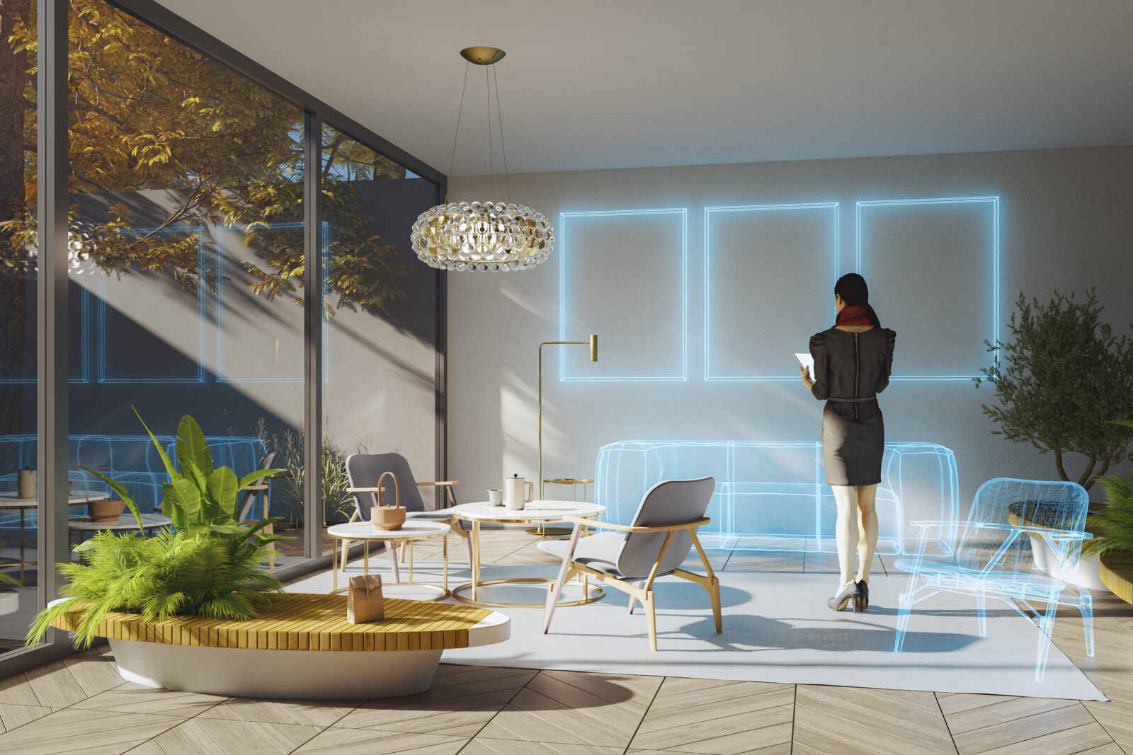 Interieurontwerp van moderne woonkamer waarbij indeling, meubels en verlichting visueel worden gepland