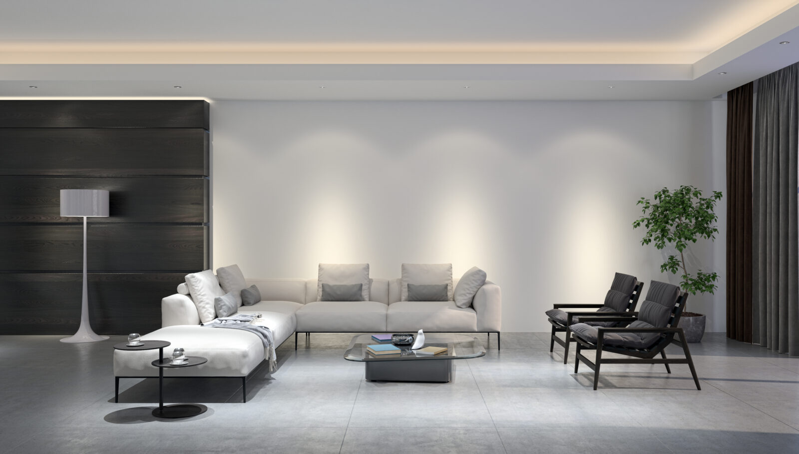 Moderne woonkamer met ingebouwde led-verlichting die de wand en het plafond subtiel verlicht