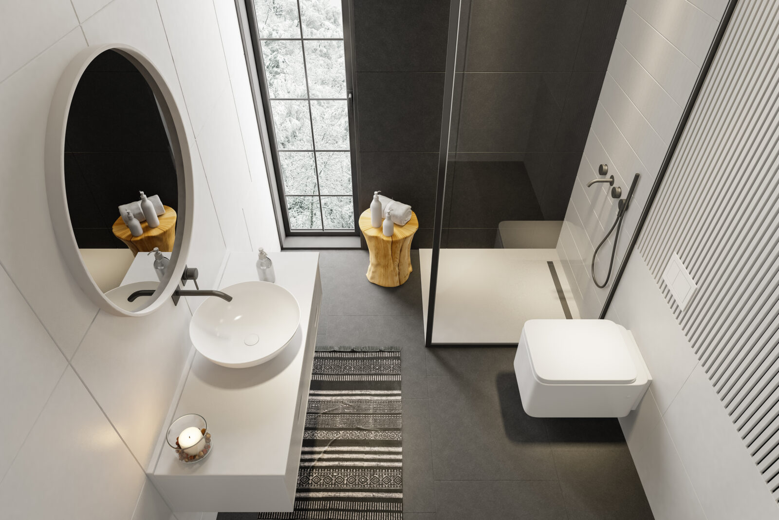 Kleine moderne badkamer met inloopdouche, hangtoilet en lichte tegels die de ruimte groter laten lijken