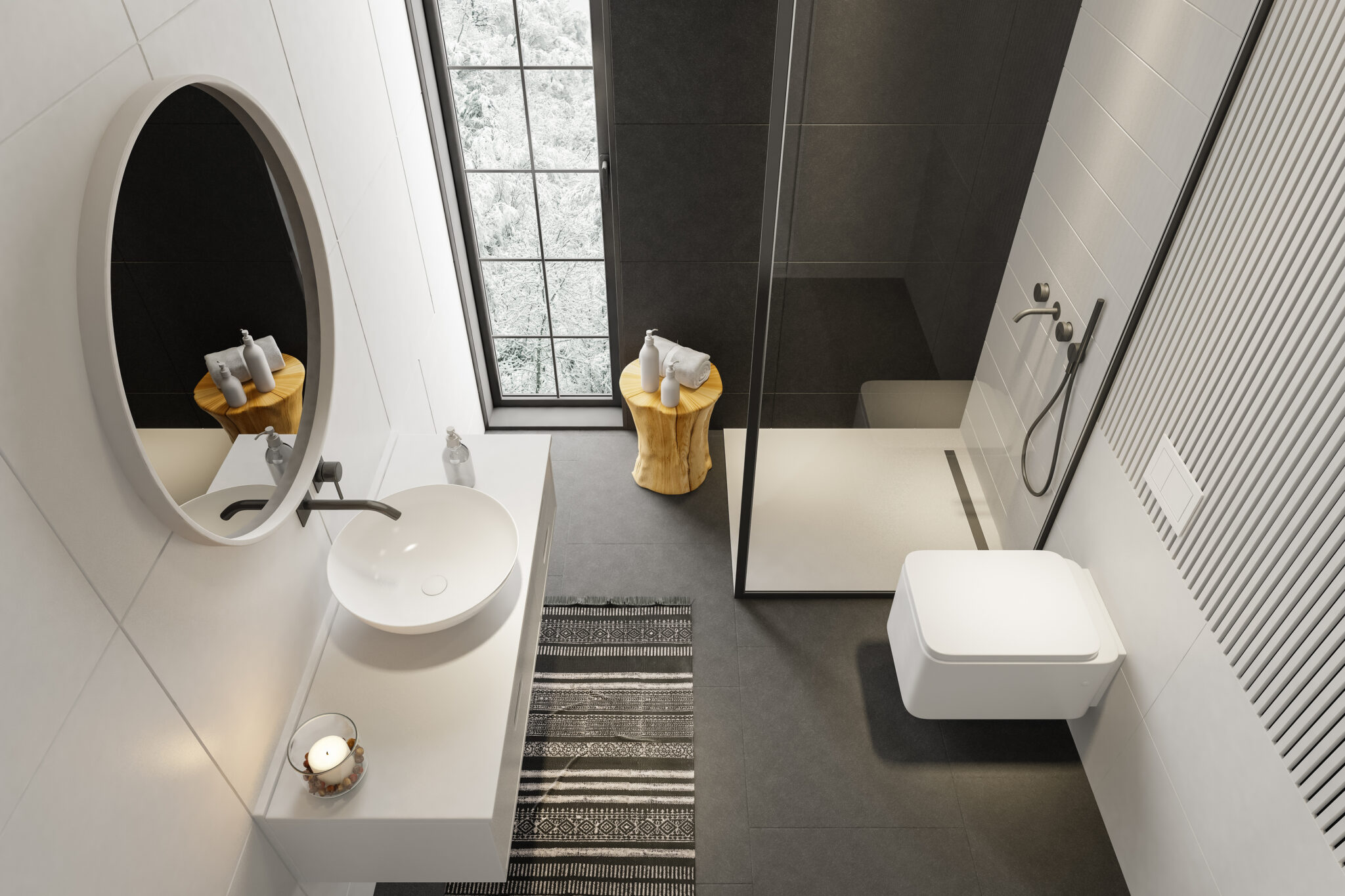 Kleine moderne badkamer met inloopdouche, hangtoilet en lichte tegels die de ruimte groter laten lijken