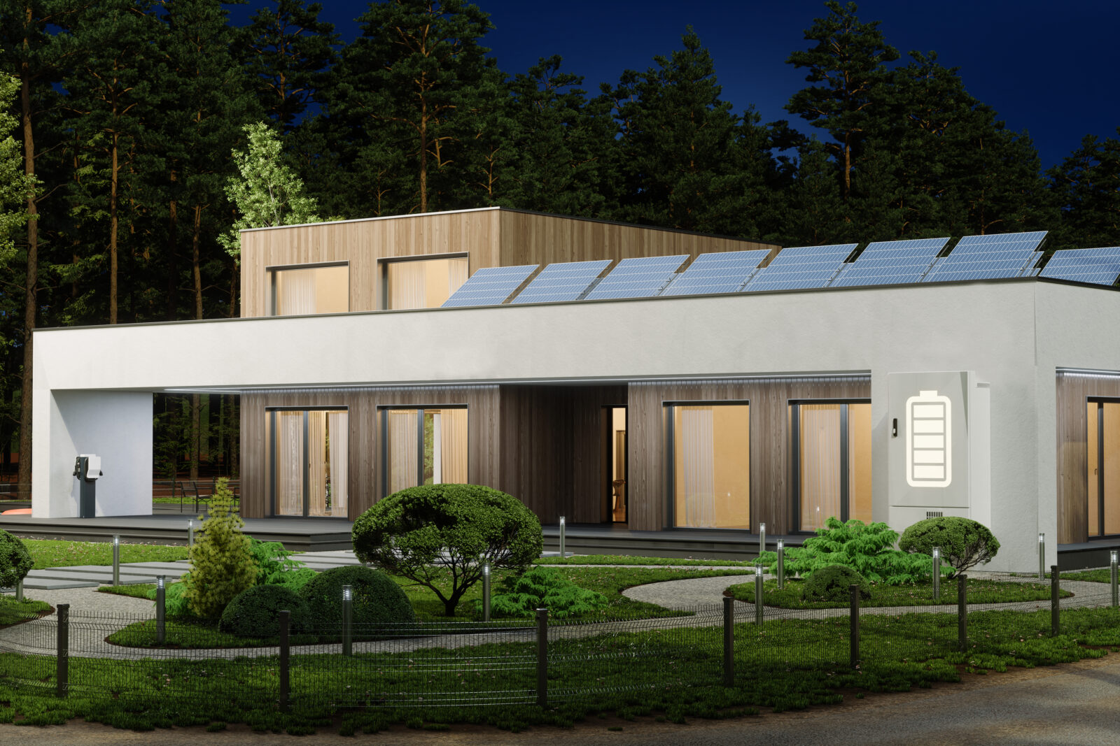 Moderne woning met zonnepanelen en geïntegreerde thuisbatterij die ’s avonds stroom levert