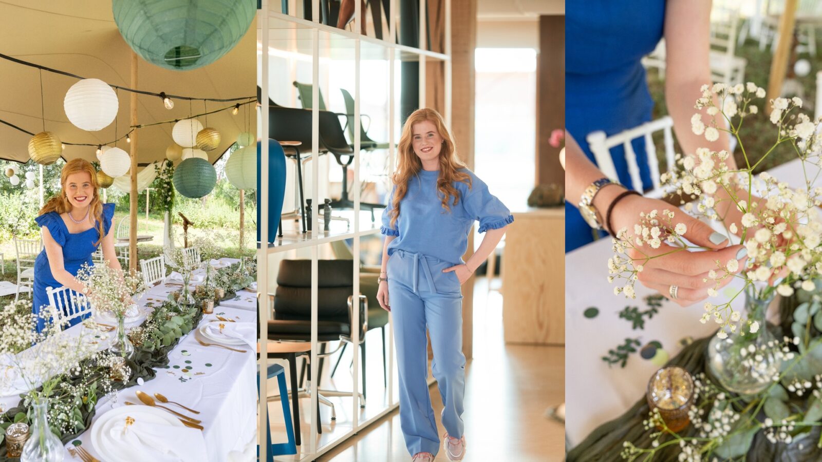 Nienke Breuker styling en kleuradvies voor sfeervolle interieurs, aan tafel met bloemen en lampionnen