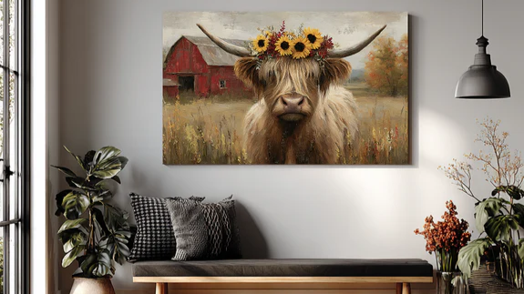 Schotse hooglander met bloemenkroon op een schilderij boven een bank in een warme, landelijke woonkamer