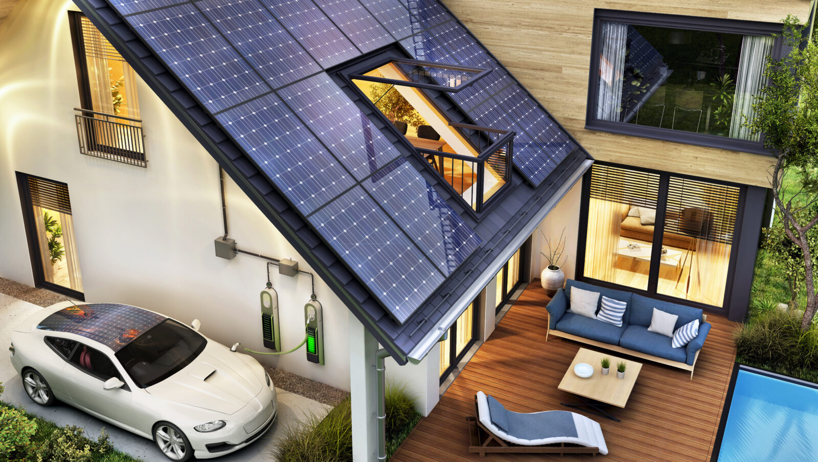 Moderne woning met zonnepanelen, thuisbatterij en elektrische auto die gebruikmaakt van zelf opgewekte energie