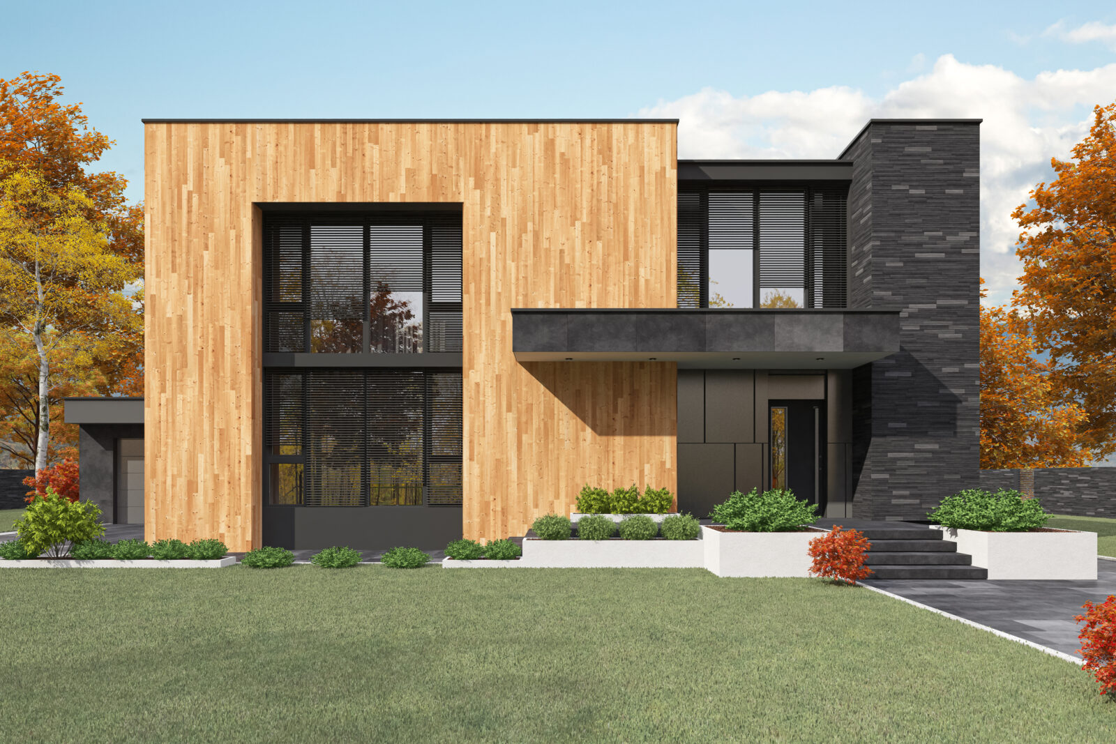 Modern duurzaam huis gebouwd met hout en natuurlijke materialen