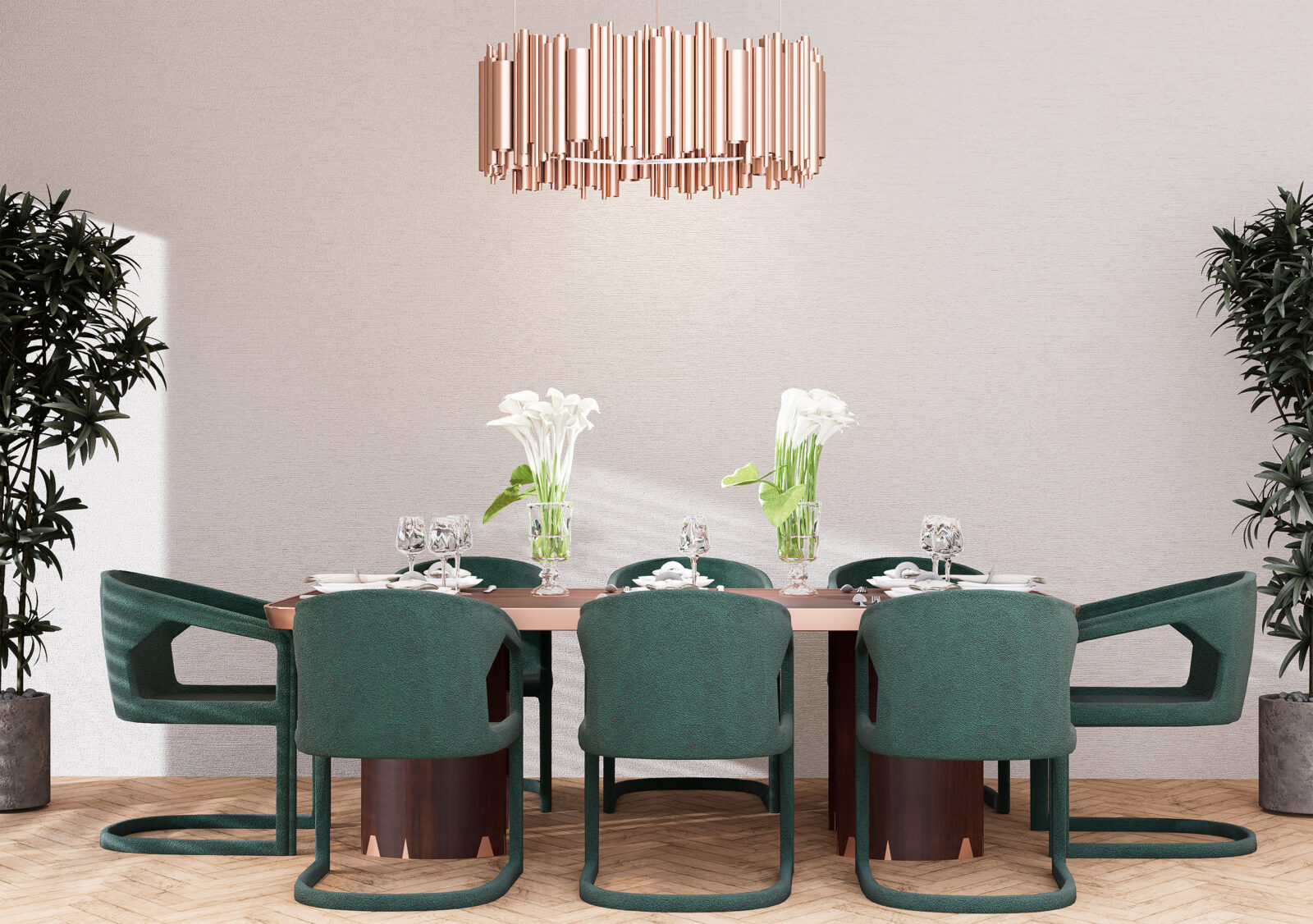 Moderne eetkamer met groene fluwelen eetkamerstoelen rond een houten tafel Titel: Groene eetkamerstoelen in een stijlvolle moderne eetkamer