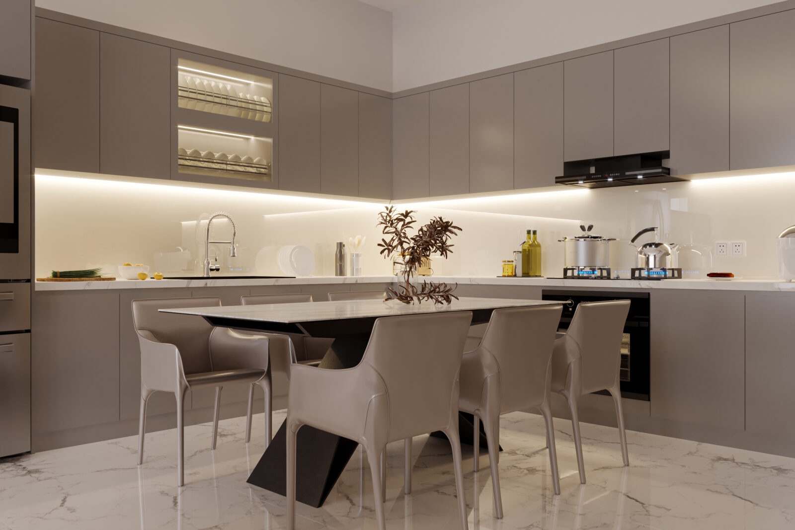Strakke moderne keuken in beige en grijs met natuurlijke lichtinval
