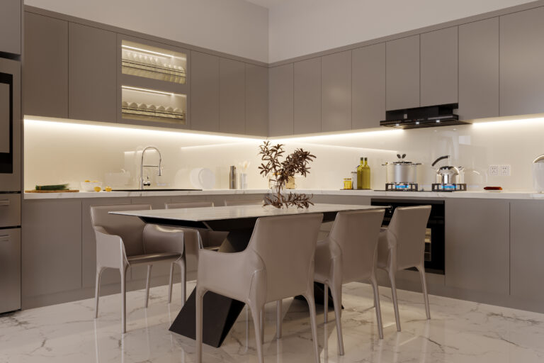 Strakke moderne keuken in beige en grijs met natuurlijke lichtinval