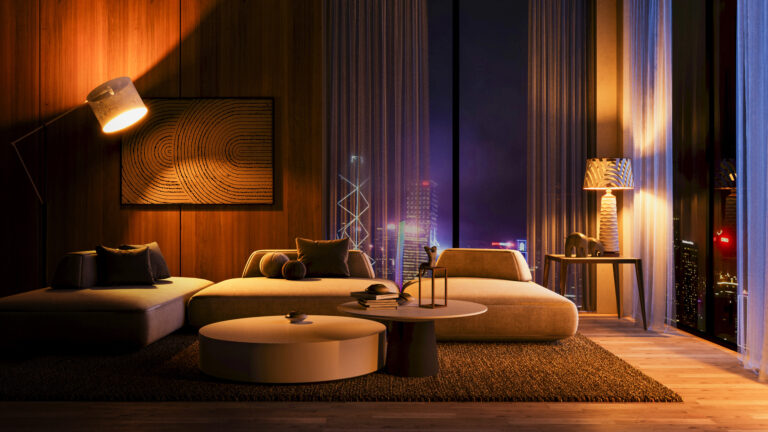 Moderne woonkamer met warme sfeerverlichting en uitzicht op de stad.