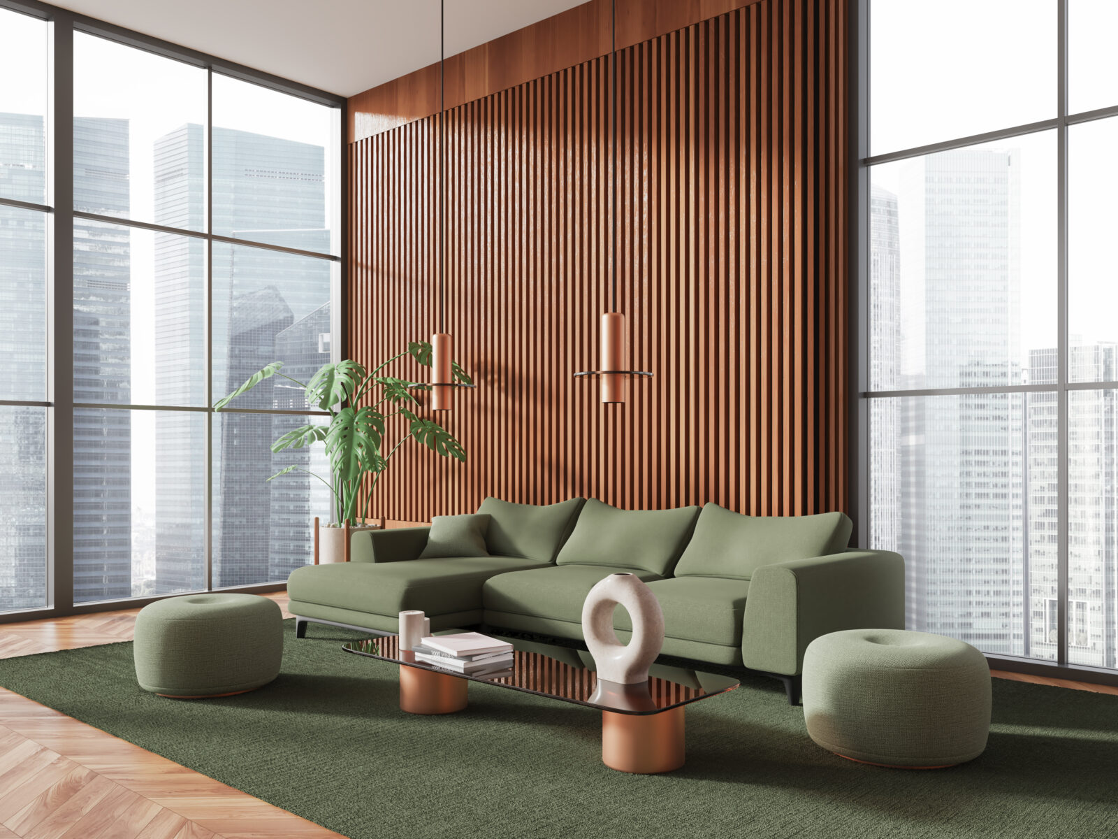 Modern interieur met groene hoekbank, houten akoestisch wandpaneel en groot raam dat veel daglicht binnenlaat