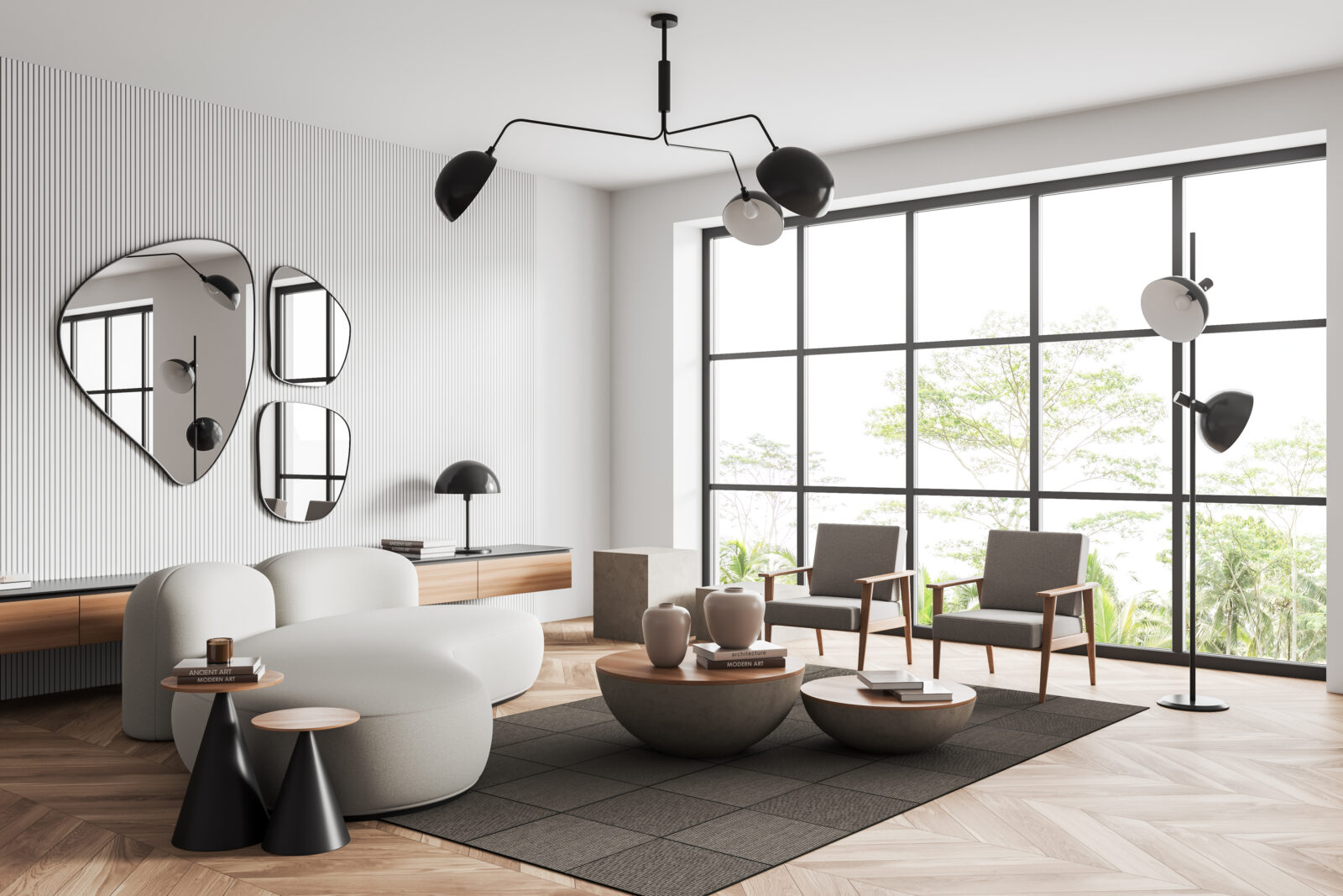 Lichte moderne woonkamer met houten vloer, grote ramen en tijdloze designmeubels met subtiele trendy accenten