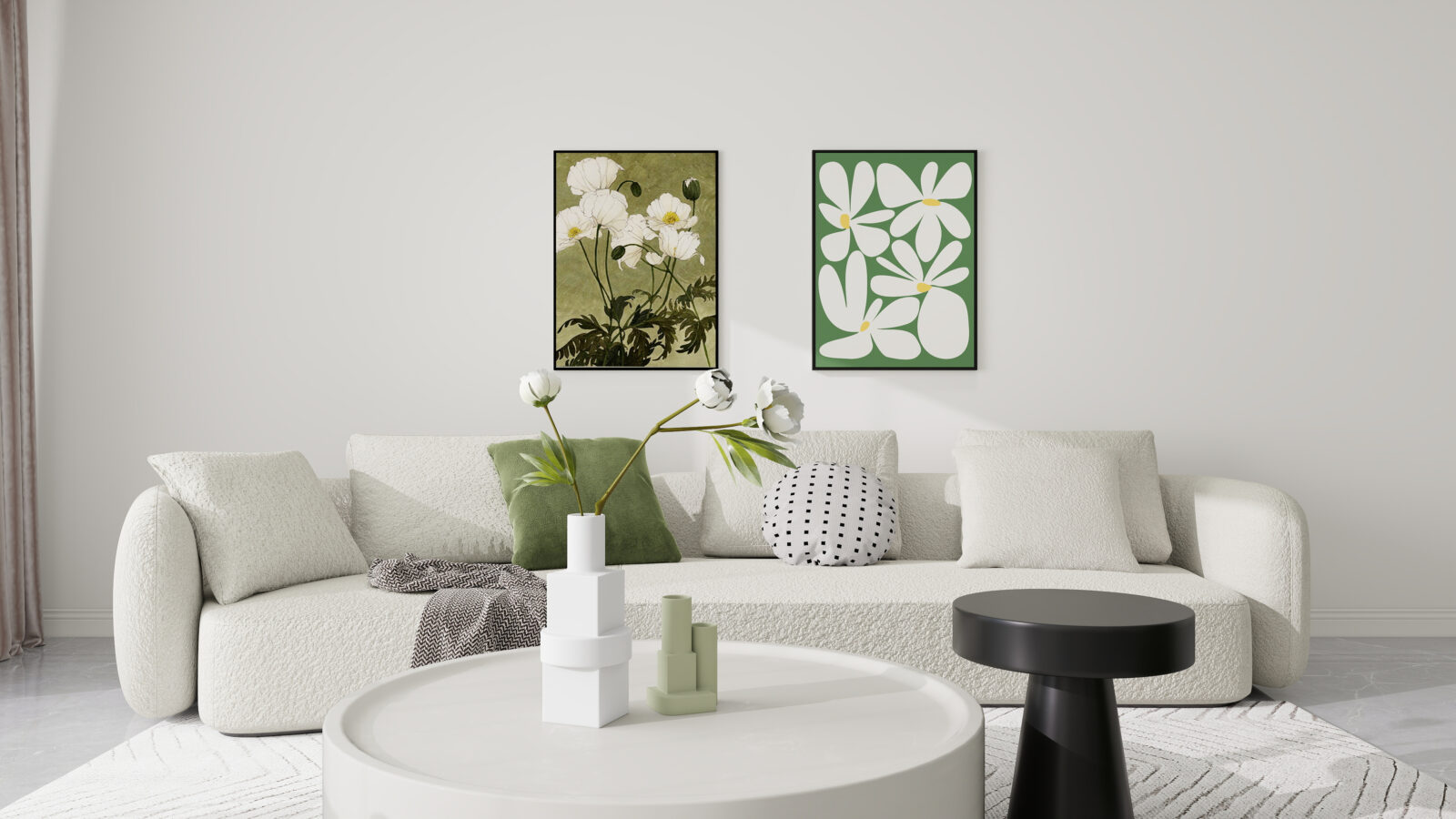 Lichte moderne woonkamer met ronde salontafel en neutrale tinten die een kleine ruimte groter laten lijken.