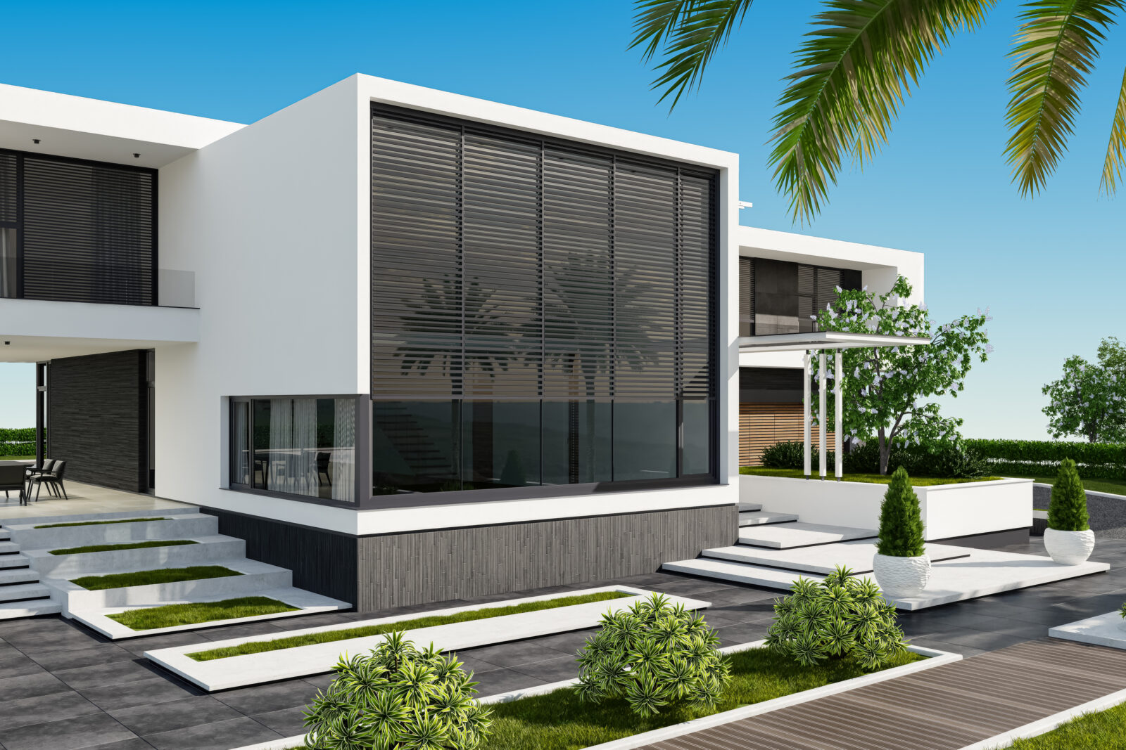 Moderne gevel met half gesloten screens die zon en warmte buiten houden
