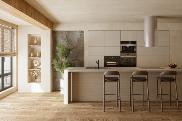 Moderne keuken met licht eiland, houten accenten en warme natuurlijke tinten.