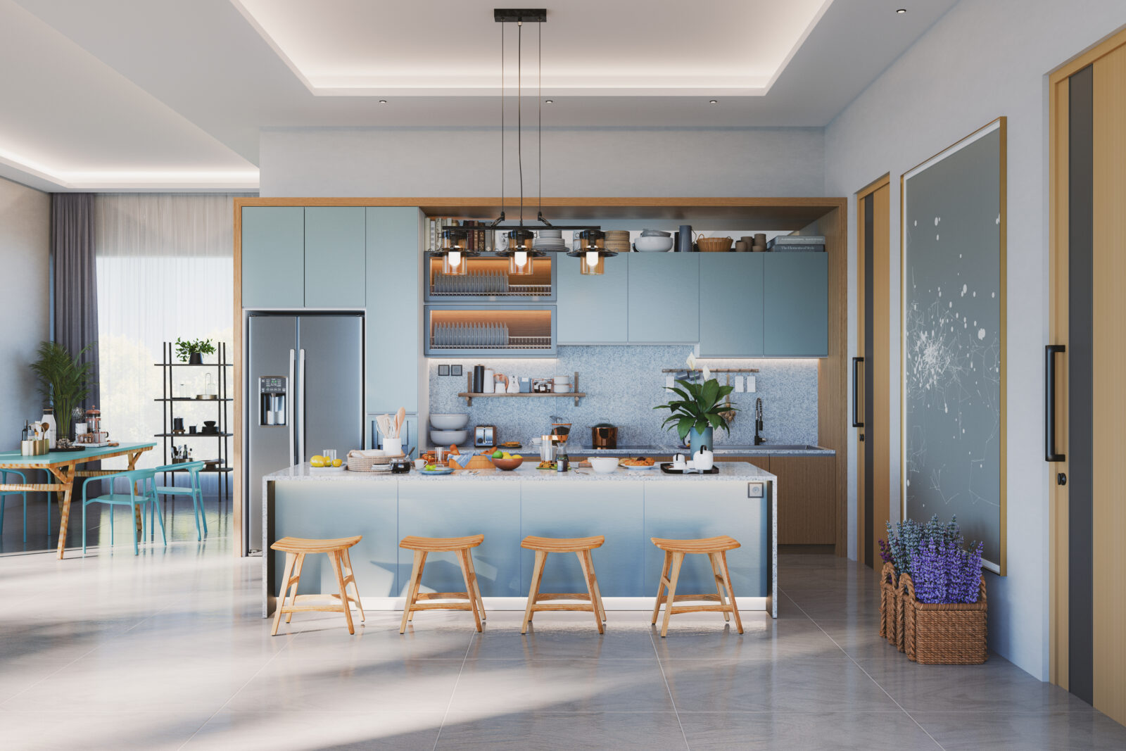 Lichte keuken met kookeiland en barkrukken, ingericht voor samen koken en eten.