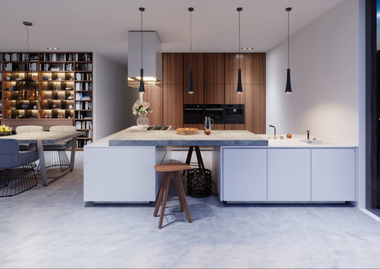 Moderne keuken met een centraal keukeneiland, warme houtaccenten en zachte verlichting.
