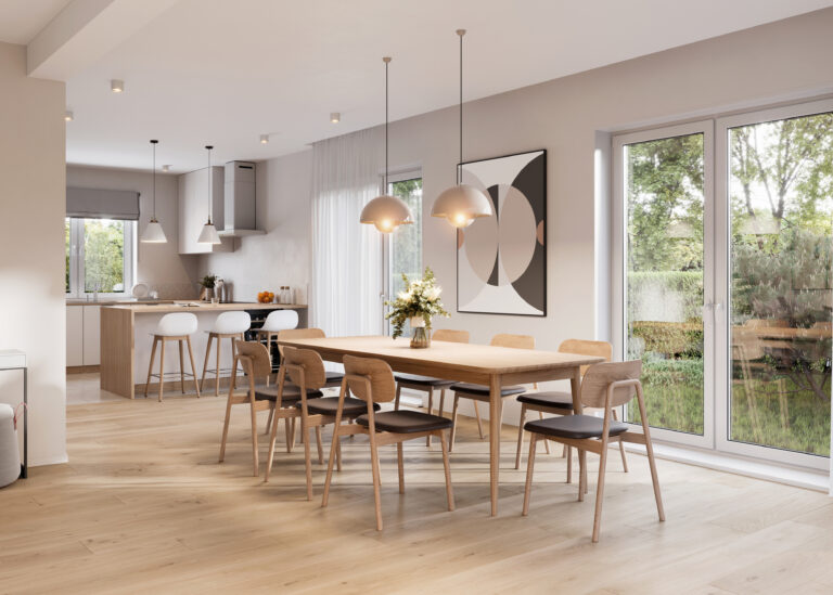 Lichte houten PVC-vloer in moderne keuken en eetkamer met veel daglicht.