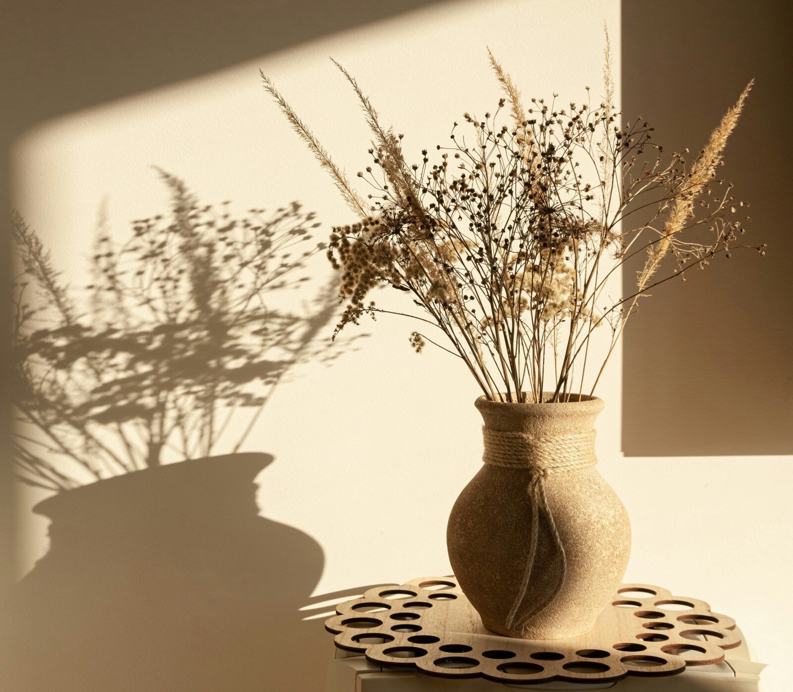 Aardewerken kruik met droogbloemen in warm zonlicht, met zachte schaduw op de muur voor een rustige landelijke sfeer.