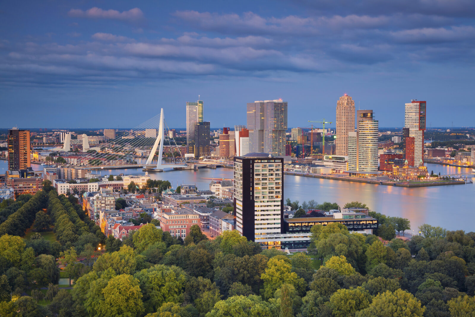 Warm skyline view of Rotterdam with the Erasmus Bridge at sunset, symbolizing the Dutch real estate market.