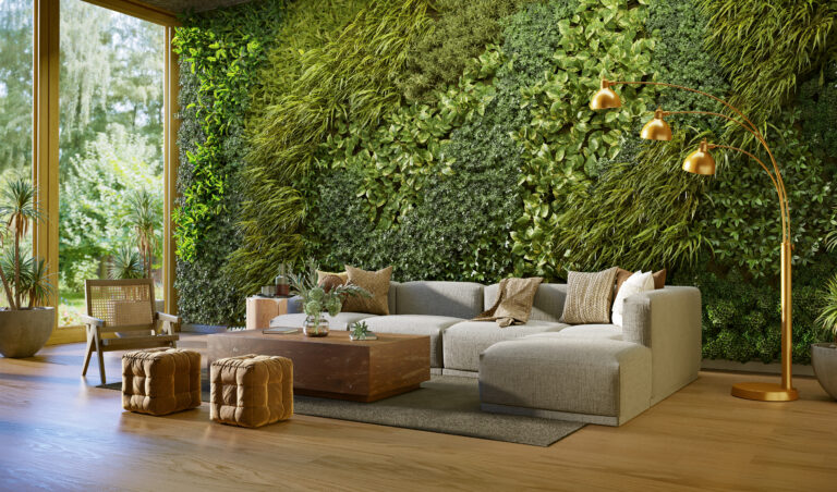 Rustige woonkamer met een ruime bank, warme houten accenten en een groene plantenwand.