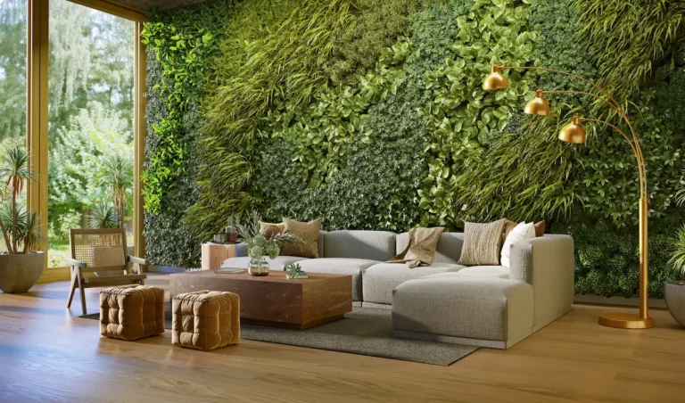Rustige woonkamer met een ruime bank, warme houten accenten en een groene plantenwand.