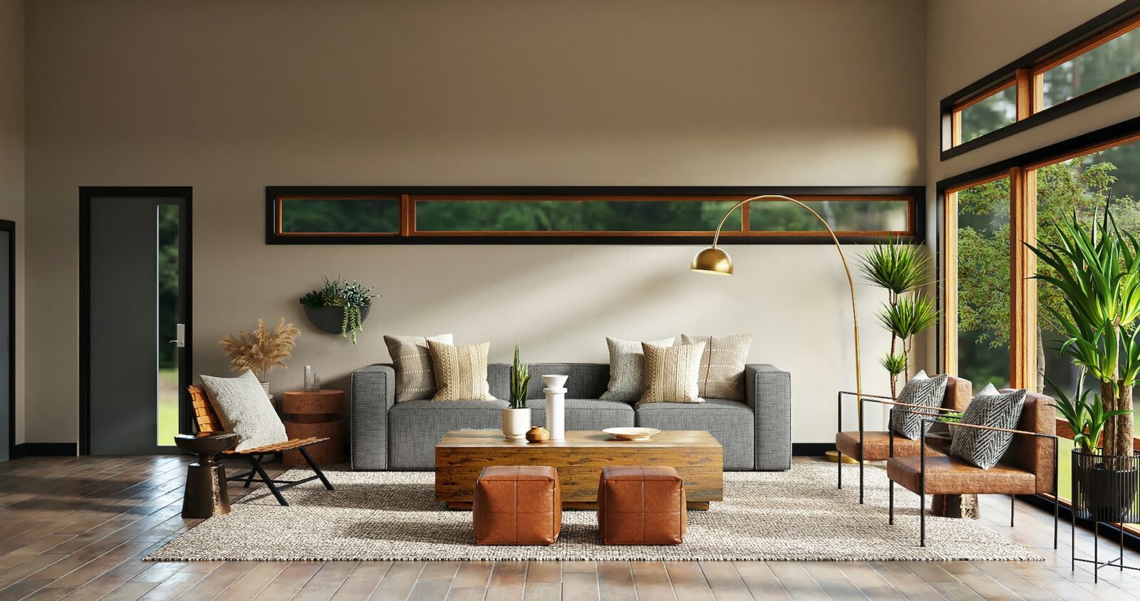 Rustige woonkamer met veel daglicht, houten vloer en kamerplanten als voorbeeld van biophilic design