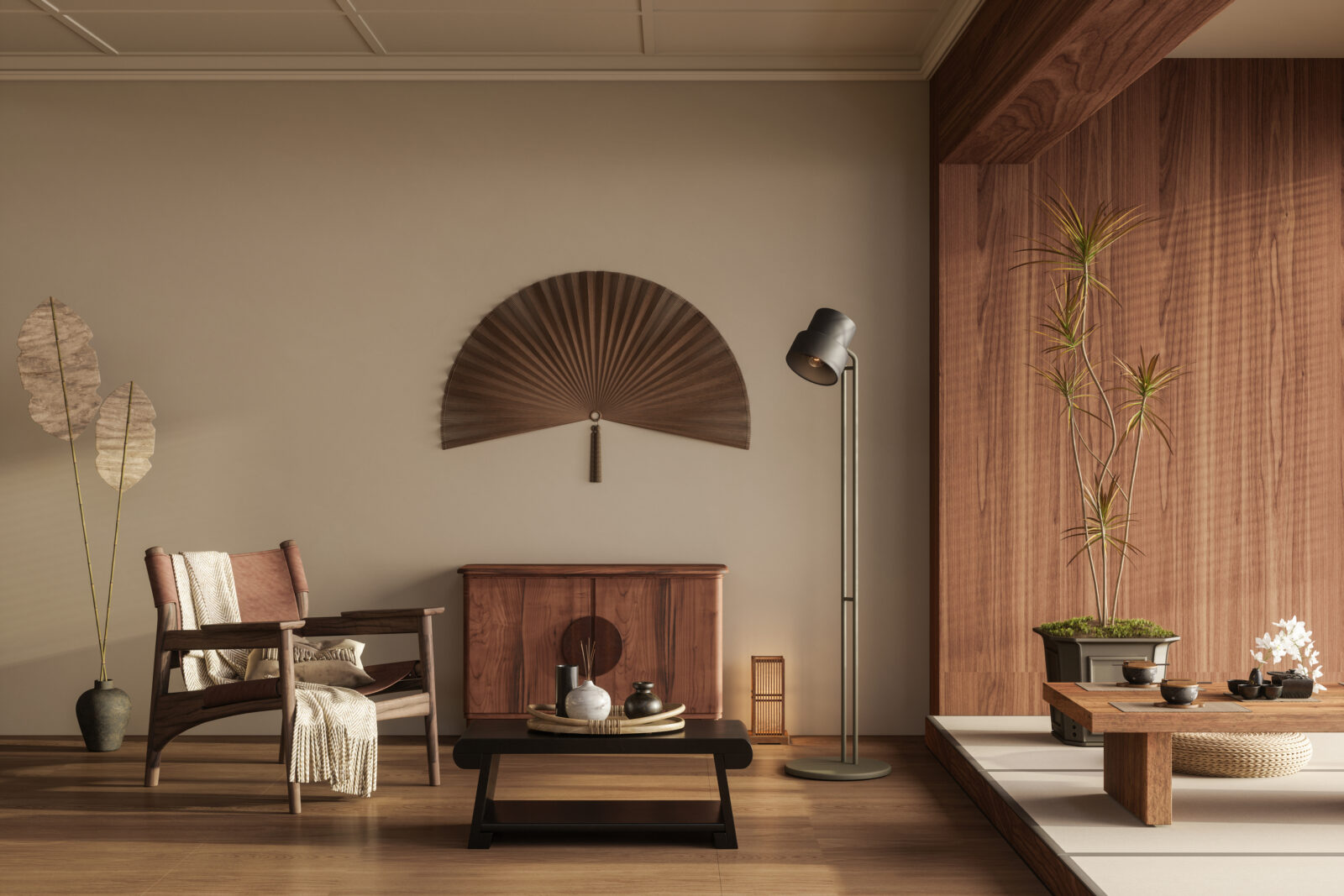 Japandi salontafel van hout in rustige zithoek met natuurlijke materialen en zachte tinten