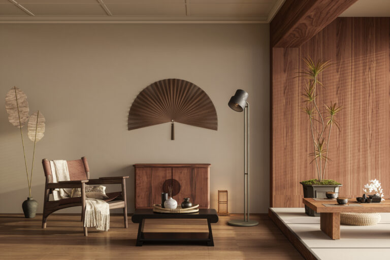 Japandi salontafel van hout in rustige zithoek met natuurlijke materialen en zachte tinten