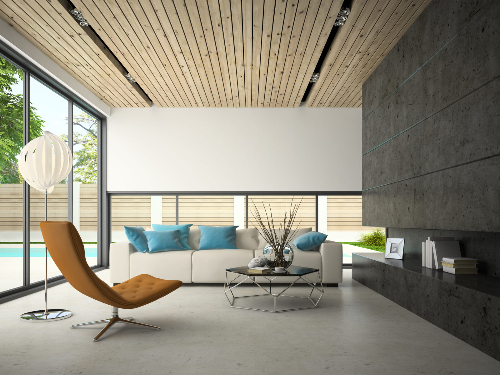Moderne woonkamer met houten plafond en zachte materialen die zorgen voor een rustige akoestiek.