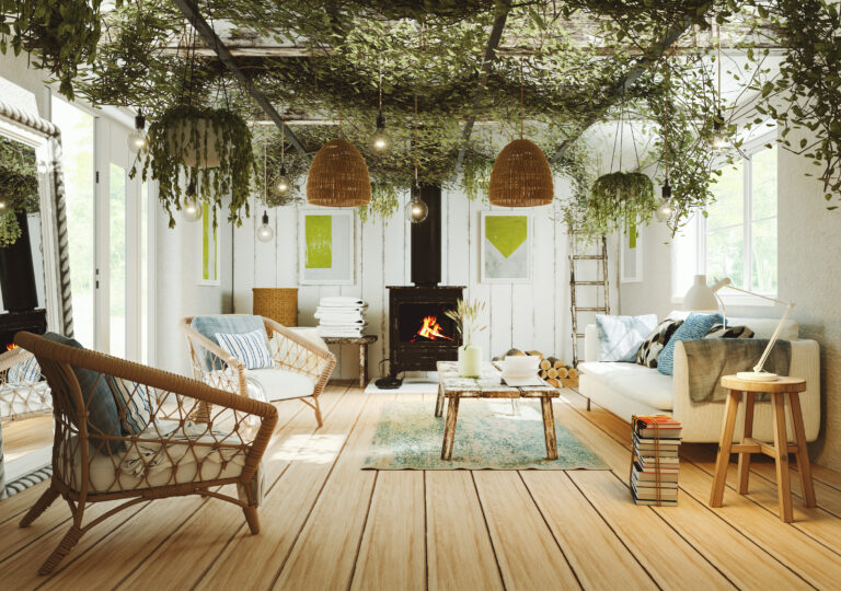 Biophilic woonkamer met veel groen, hout en daglicht die een beschutte en rustgevende sfeer creëert