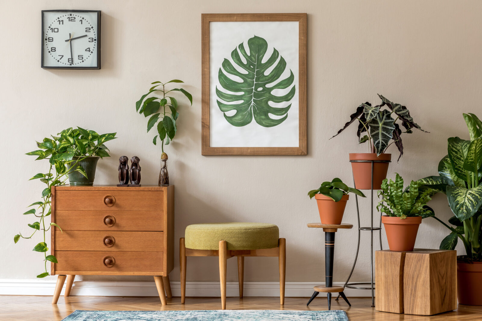 Tweedehands ladekast met planten en vintage accessoires in rustige woonkamer