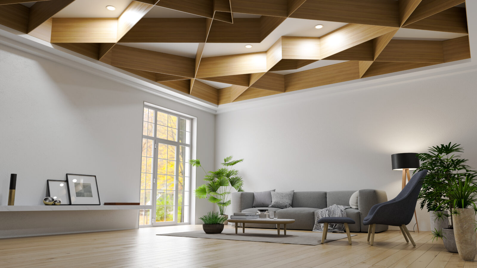 Akoestisch plafond met houten panelen in lichte woonkamer