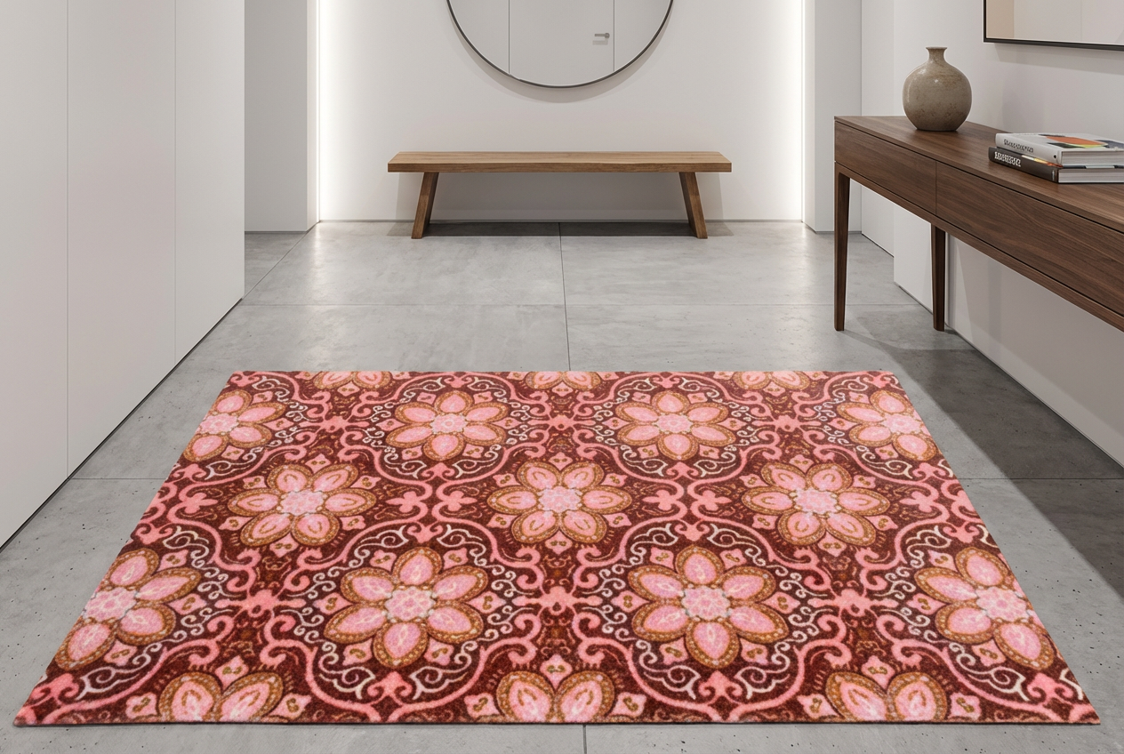 Roze droogloopmat met bloemmotief in moderne hal