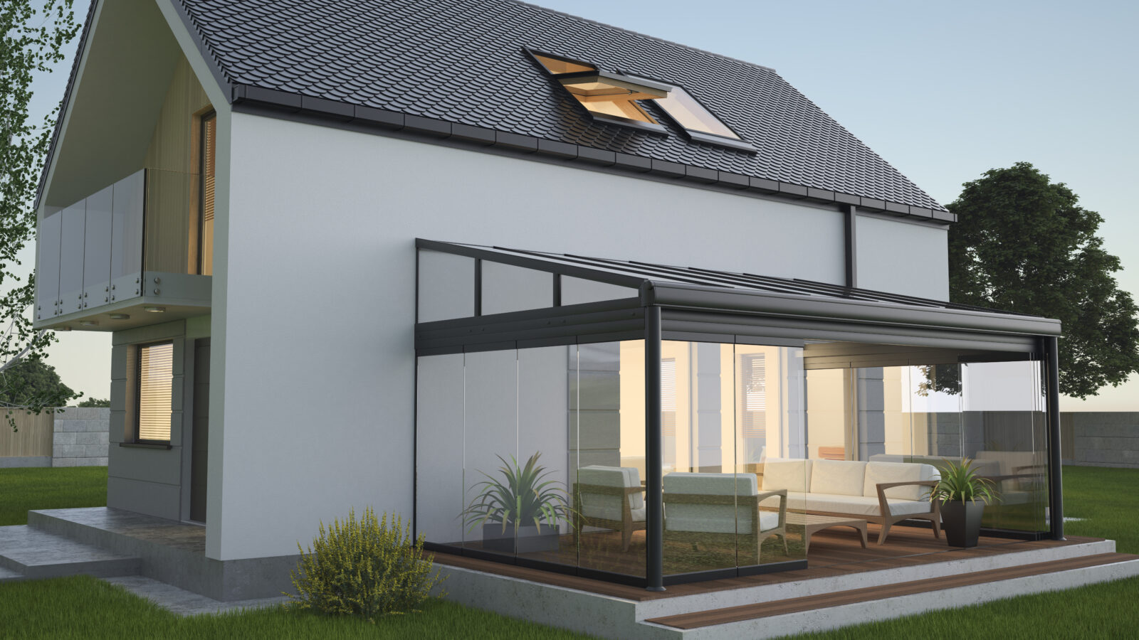 Moderne tuinkamer met glazen schuifwanden als verlengstuk van de woning