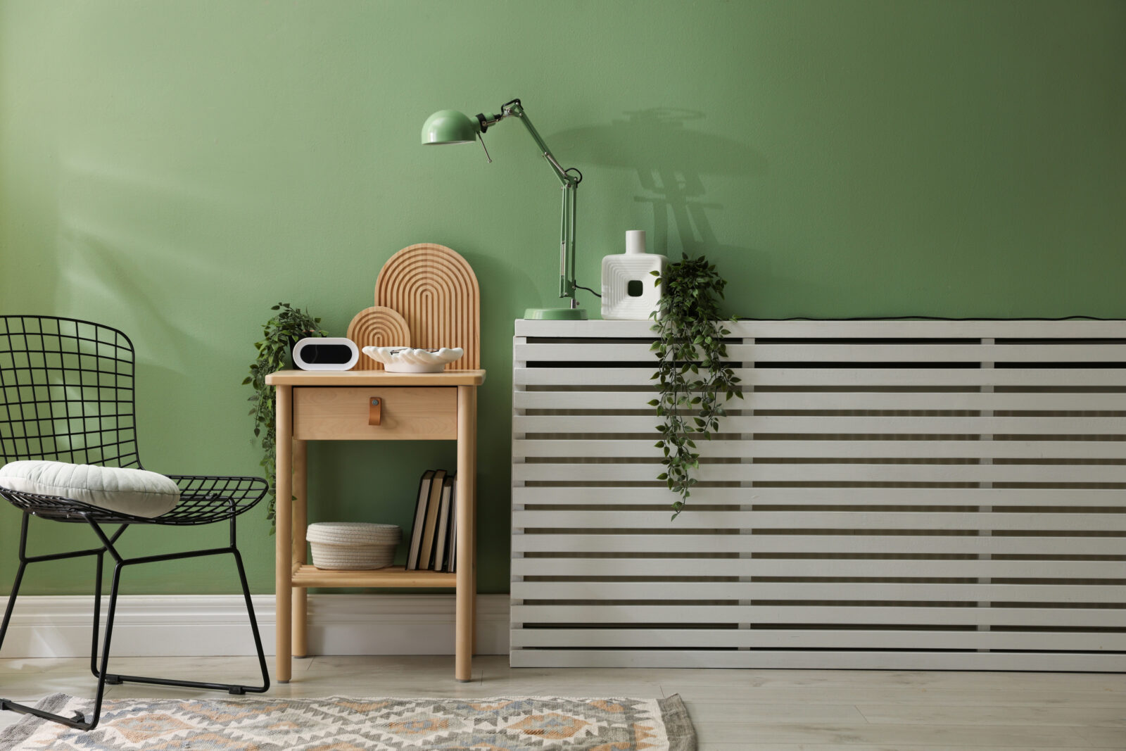 Radiator met ombouw als onderdeel van een rustig afgewerkt interieur met meubels en accessoires.