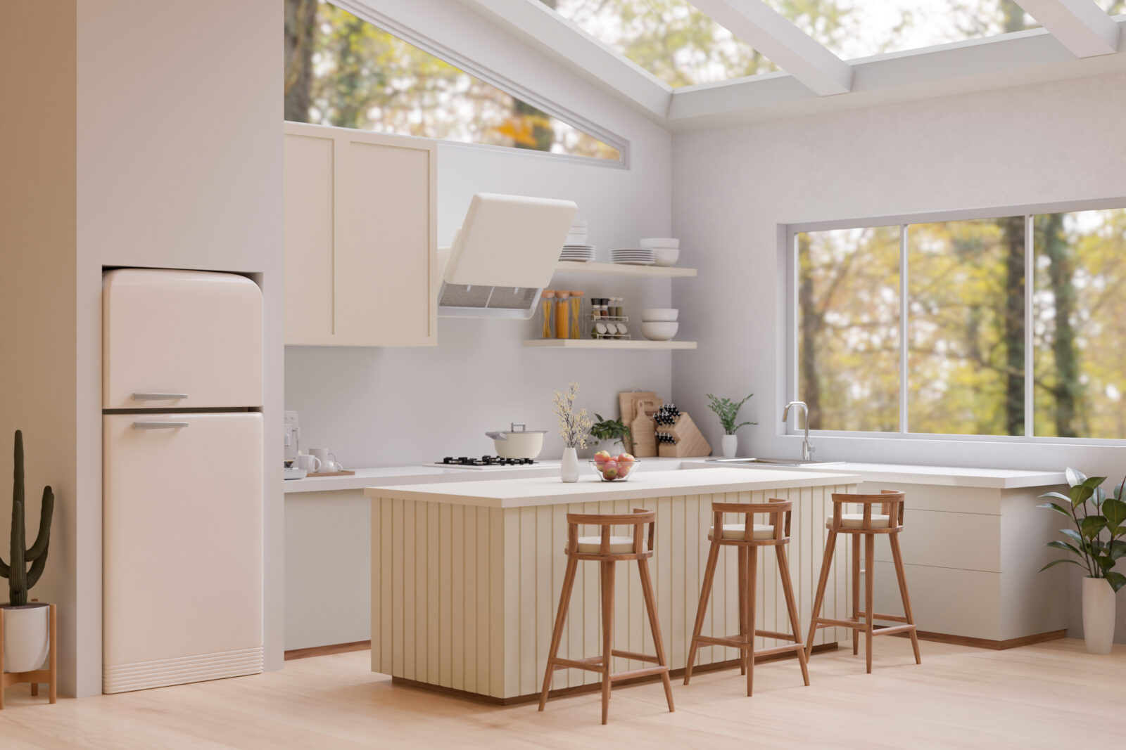 Moderne lichte keuken met kookeiland en barstoelen, waarin witgoed zoals koelkast en oven praktisch zijn geïntegreerd