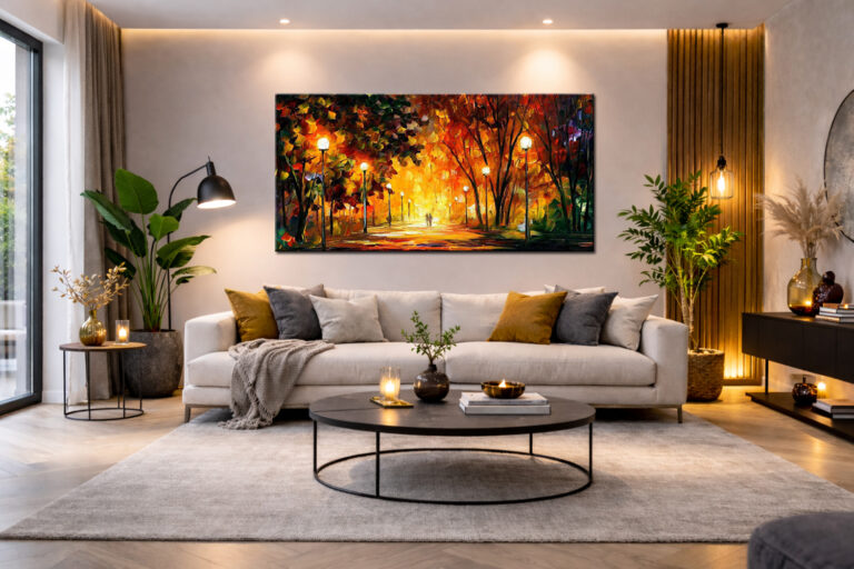groot schilderij boven bank in moderne woonkamer met warme verlichting