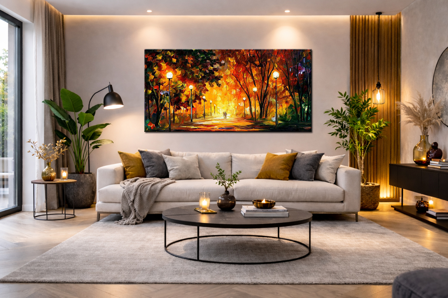 groot schilderij boven bank in moderne woonkamer met warme verlichting