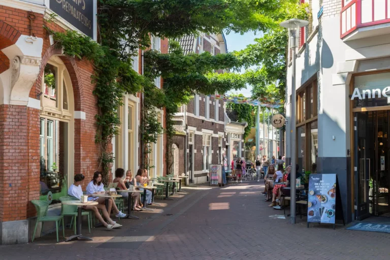 Straatbeeld in het centrum van Apeldoorn met winkels en terrassen
