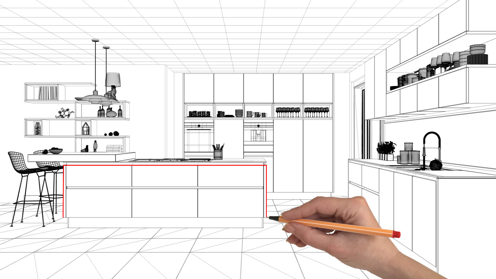 Keukenontwerp met potlood en schets van een moderne keuken