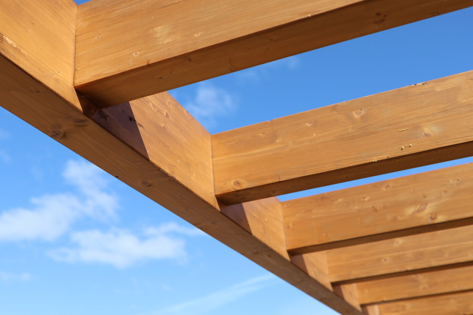 Houten balken van een overkapping in de tuin met blauwe lucht op de achtergrond