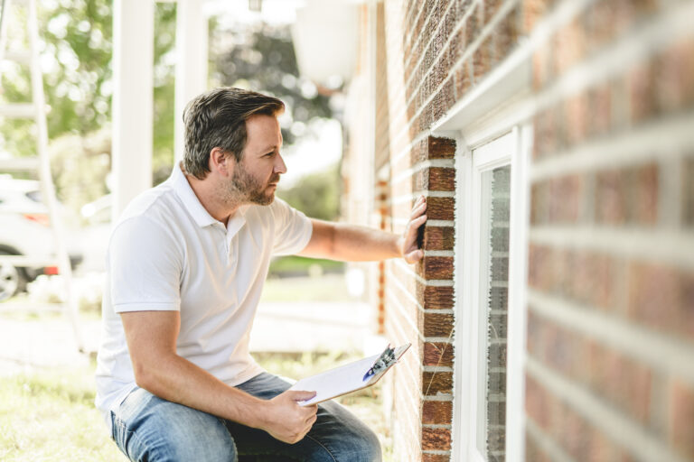 Man controleert een raam aan de buitenkant van een woning