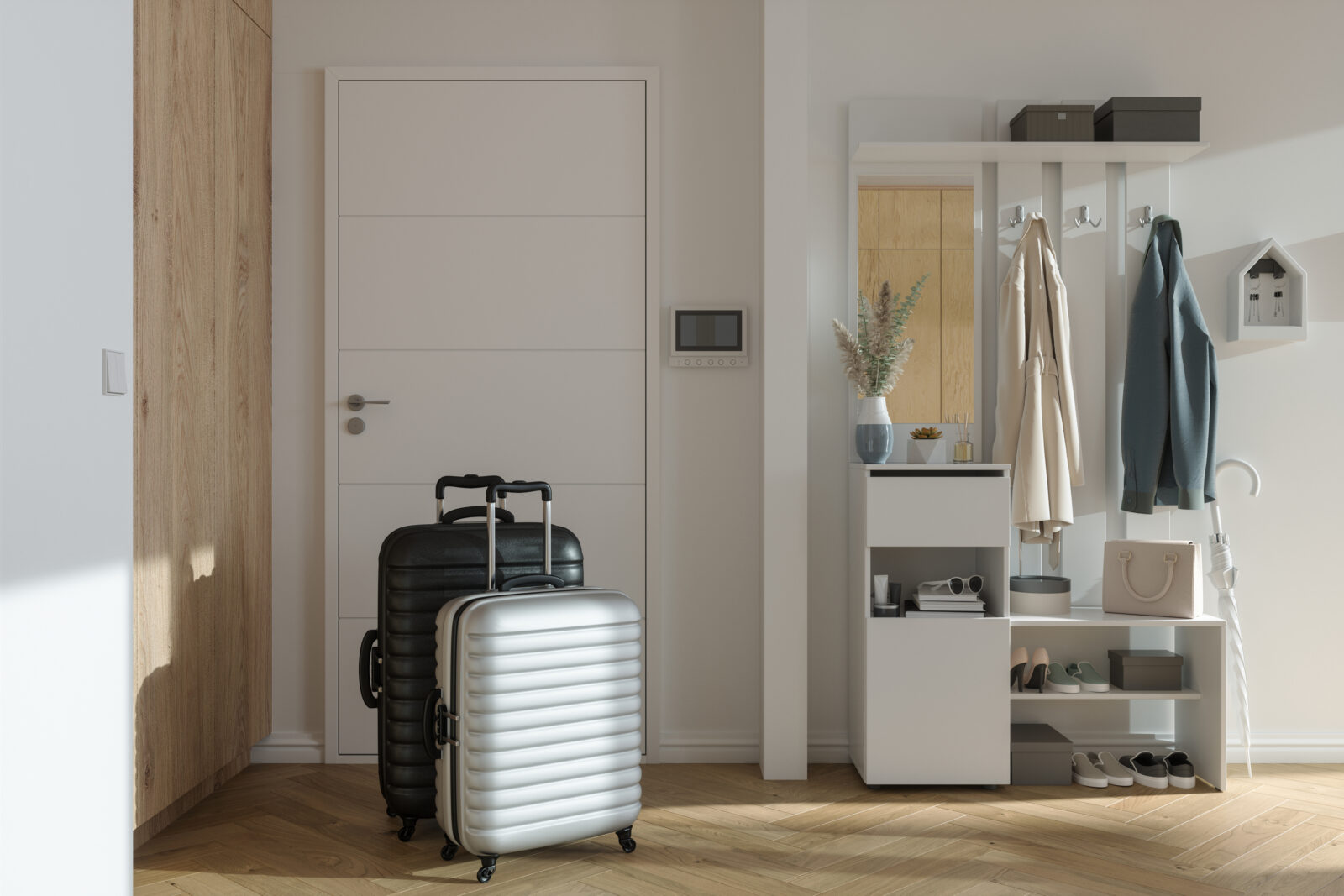 Koffers in de hal van een woning vlak voor vertrek op vakantie
