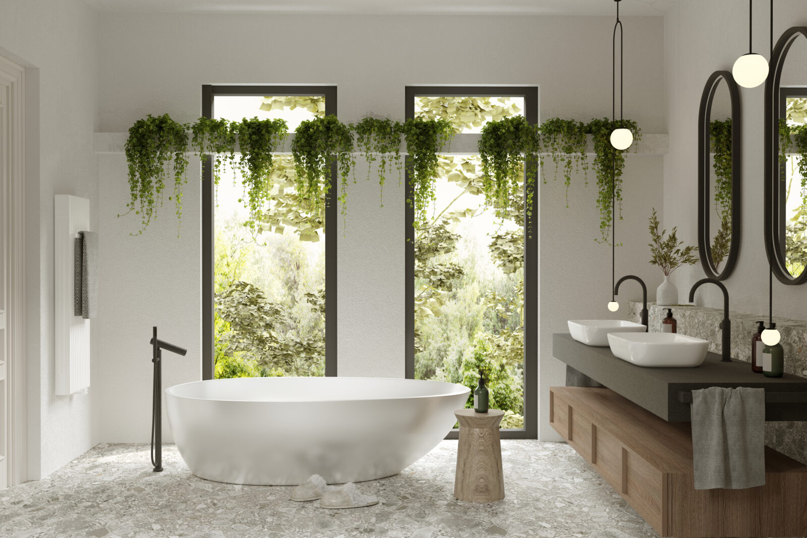 Lichte badkamer met vrijstaand bad, planten en houten badkamermeubel voor een ontspannen spa-gevoel