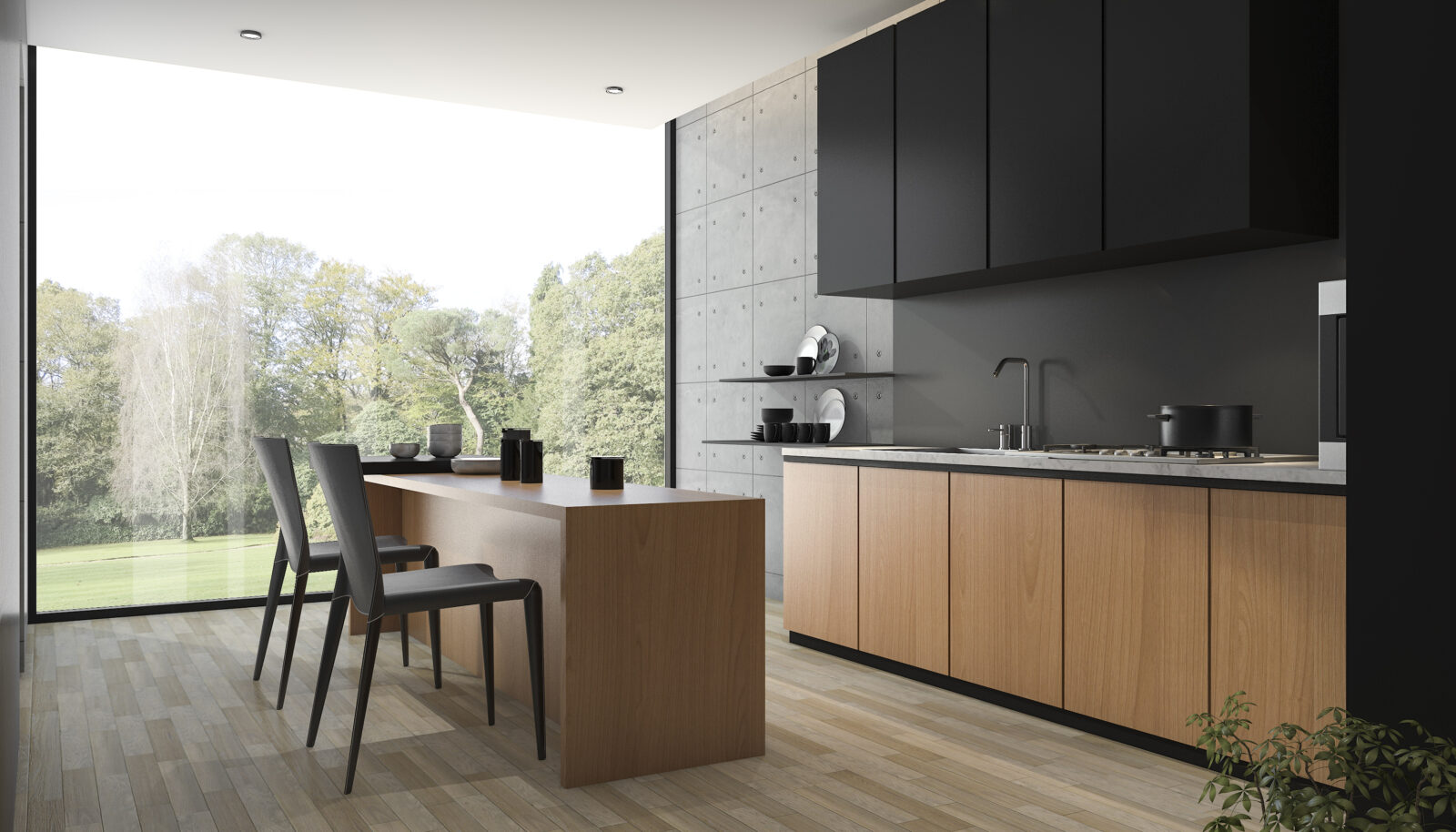 Moderne eiken keuken met zwarte bovenkasten, houten eiland en veel daglich