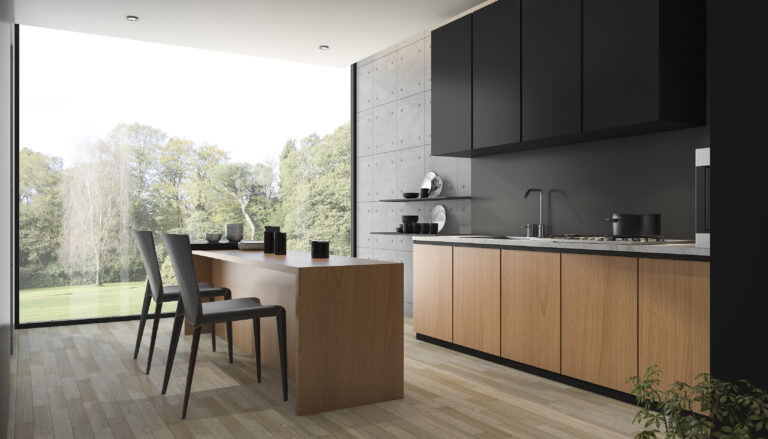 Moderne eiken keuken met zwarte bovenkasten, houten eiland en veel daglich