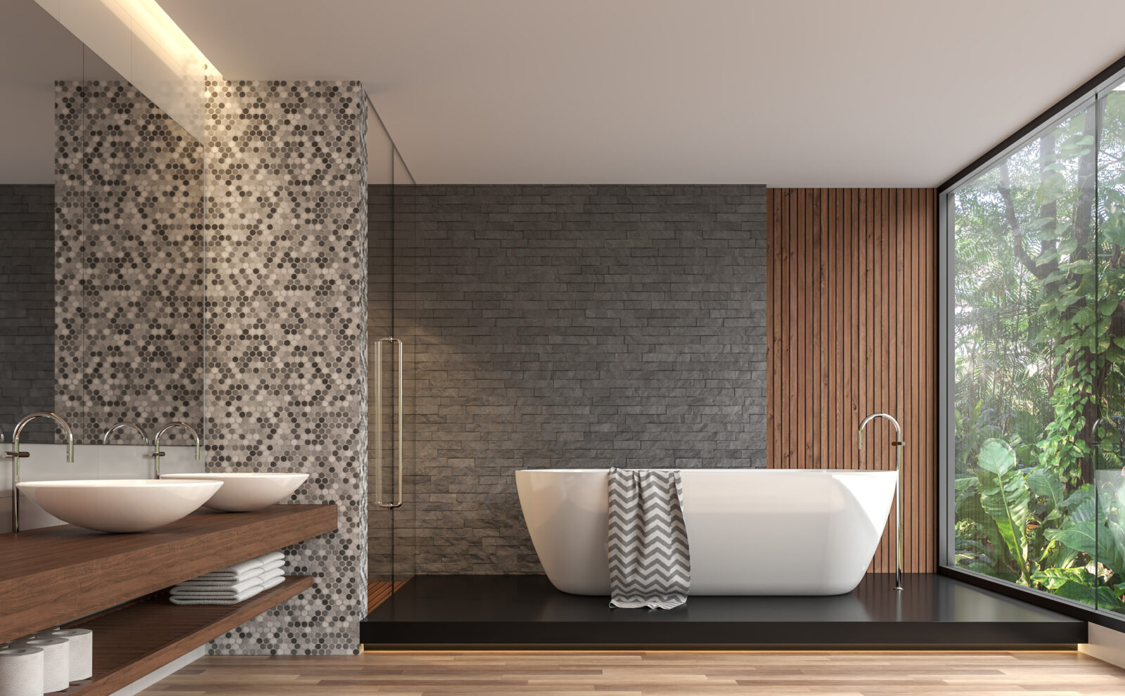 Moderne badkamer met mozaïektegels, hout en veel daglicht