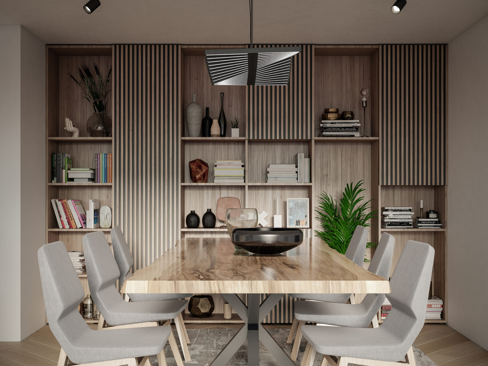 Japandi eetkamer met houten tafel, stoffen stoelen en wandkast met accessoires